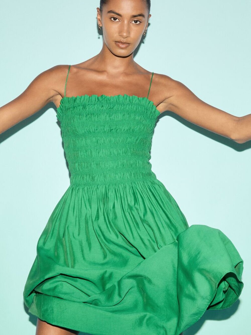 H and M Green Smocked-Bodice Strappy Dress L